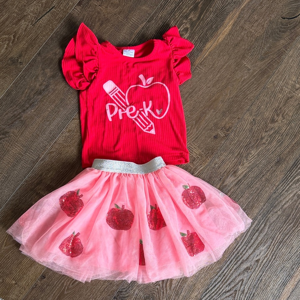Red 'Pre-K' Ruffle Sleeve Top with Pink Apple Tulle Skirt